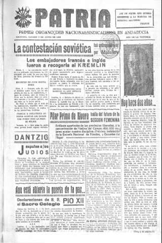 'Patria  : diario de Falange Española Tradicionalista y de las J.O.N.S.' - Año V Número 608  - 1939 Junio 03