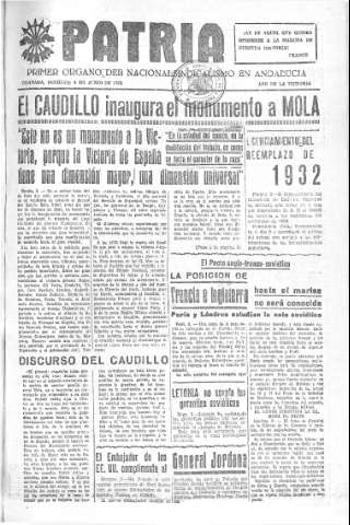 'Patria  : diario de Falange Española Tradicionalista y de las J.O.N.S.' - Año V Número 609  - 1939 Junio 04