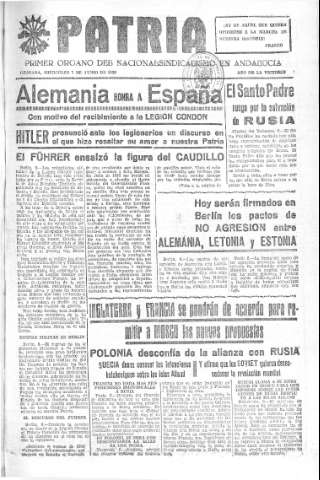 'Patria  : diario de Falange Española Tradicionalista y de las J.O.N.S.' - Año V Número 611  - 1939 Junio 07