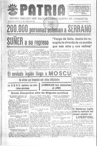 'Patria  : diario de Falange Española Tradicionalista y de las J.O.N.S.' - Año V Número 617  - 1939 Junio 15