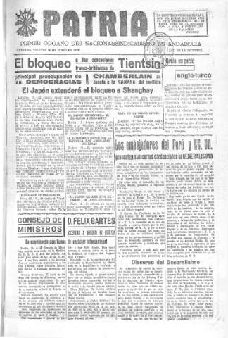 'Patria  : diario de Falange Española Tradicionalista y de las J.O.N.S.' - Año V Número 618  - 1939 Junio 16