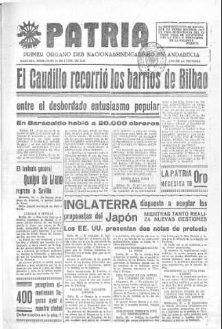 'Patria  : diario de Falange Española Tradicionalista y de las J.O.N.S.' - Año V Número 622  - 1939 Junio 21