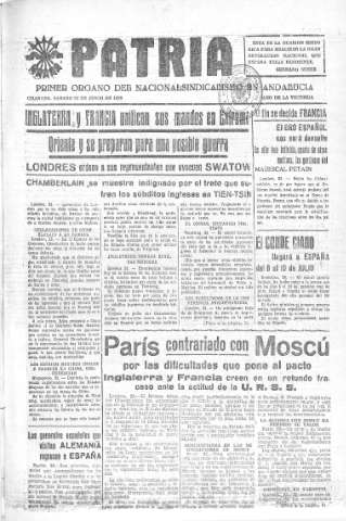 'Patria  : diario de Falange Española Tradicionalista y de las J.O.N.S.' - Año V Número 625  - 1939 Junio 24