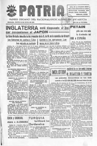 'Patria  : diario de Falange Española Tradicionalista y de las J.O.N.S.' - Año V Número 629  - 1939 Junio 29