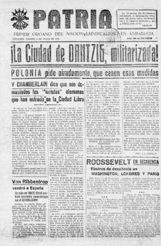 'Patria  : diario de Falange Española Tradicionalista y de las J.O.N.S.' - Año V Número 633  - 1939 Julio 04