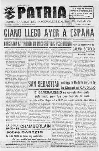 'Patria  : diario de Falange Española Tradicionalista y de las J.O.N.S.' - Año V Número 639  - 1939 Julio 11