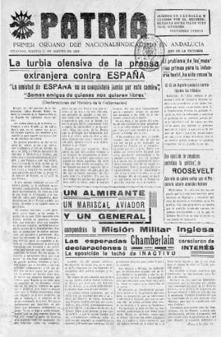 'Patria  : diario de Falange Española Tradicionalista y de las J.O.N.S.' - Año V Número 657  - 1939 Agosto 01