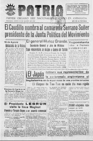'Patria  : diario de Falange Española Tradicionalista y de las J.O.N.S.' - Año V Número 665  - 1939 Agosto 10
