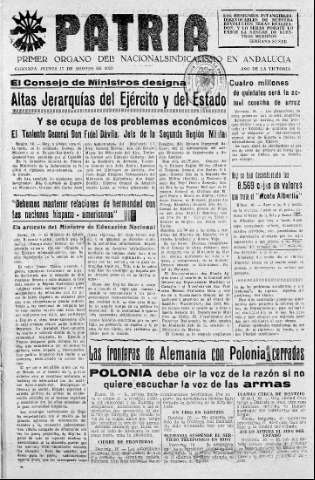 'Patria  : diario de Falange Española Tradicionalista y de las J.O.N.S.' - Año V Número 671  - 1939 Agosto 17