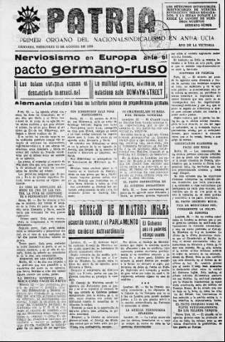 'Patria  : diario de Falange Española Tradicionalista y de las J.O.N.S.' - Año V Número 676  - 1939 Agosto 23