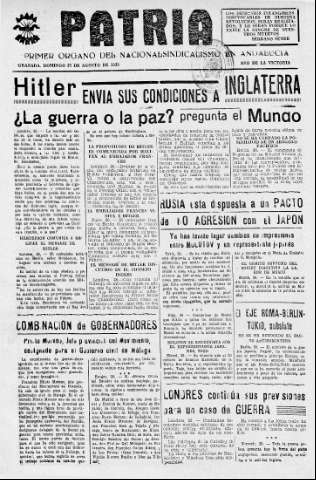 'Patria  : diario de Falange Española Tradicionalista y de las J.O.N.S.' - Año V Número 679  - 1939 Agosto 27