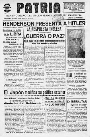 'Patria  : diario de Falange Española Tradicionalista y de las J.O.N.S.' - Año V Número 680  - 1939 Agosto 29