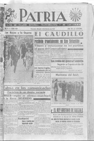 'Patria  : diario de Falange Española Tradicionalista y de las J.O.N.S.' - Año V Número 685  - 1939 Octubre 14