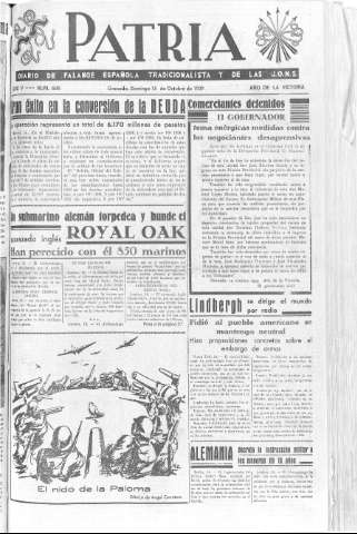 'Patria  : diario de Falange Española Tradicionalista y de las J.O.N.S.' - Año V Número 686  - 1939 Octubre 15