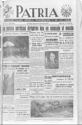 'Patria  : diario de Falange Española Tradicionalista y de las J.O.N.S.' - Año V Número 689  - 1939 Octubre 19