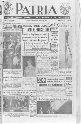 'Patria  : diario de Falange Española Tradicionalista y de las J.O.N.S.' - Año V Número 690  - 1939 Octubre 20