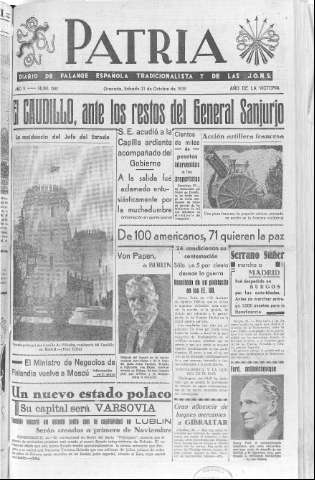 'Patria  : diario de Falange Española Tradicionalista y de las J.O.N.S.' - Año V Número 691  - 1939 Octubre 21
