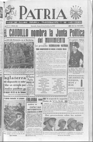 'Patria  : diario de Falange Española Tradicionalista y de las J.O.N.S.' - Año V Número 695  - 1939 Octubre 26