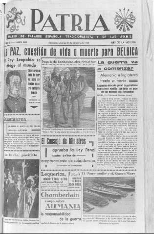 'Patria  : diario de Falange Española Tradicionalista y de las J.O.N.S.' - Año V Número 696  - 1939 Octubre 27