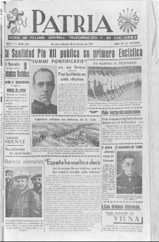'Patria  : diario de Falange Española Tradicionalista y de las J.O.N.S.' - Año V Número 697  - 1939 Octubre 28