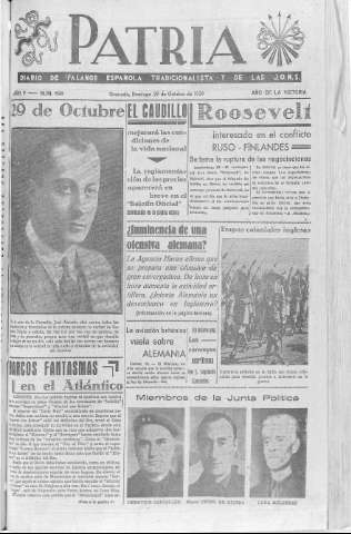 'Patria  : diario de Falange Española Tradicionalista y de las J.O.N.S.' - Año V Número 698  - 1939 Octubre 29