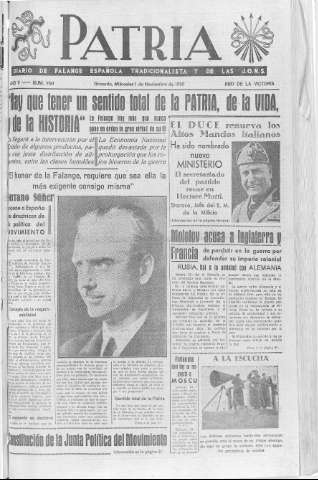 'Patria  : diario de Falange Española Tradicionalista y de las J.O.N.S.' - Año V Número 700  - 1939 Noviembre 01