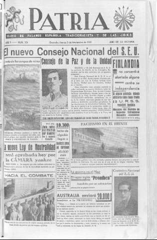 'Patria  : diario de Falange Española Tradicionalista y de las J.O.N.S.' - Año V Número 701  - 1939 Noviembre 02
