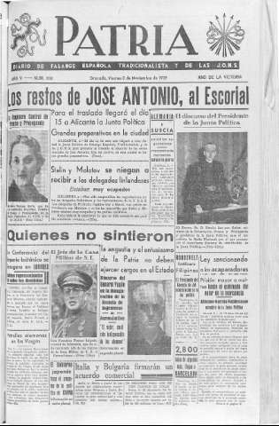 'Patria  : diario de Falange Española Tradicionalista y de las J.O.N.S.' - Año V Número 702  - 1939 Noviembre 03