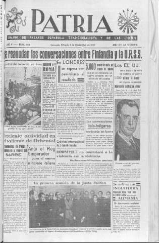 'Patria  : diario de Falange Española Tradicionalista y de las J.O.N.S.' - Año V Número 703  - 1939 Noviembre 04