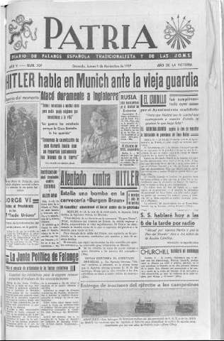 'Patria  : diario de Falange Española Tradicionalista y de las J.O.N.S.' - Año V Número 707  - 1939 Noviembre 09