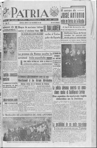 'Patria  : diario de Falange Española Tradicionalista y de las J.O.N.S.' - Año V Número 719  - 1939 Noviembre 23