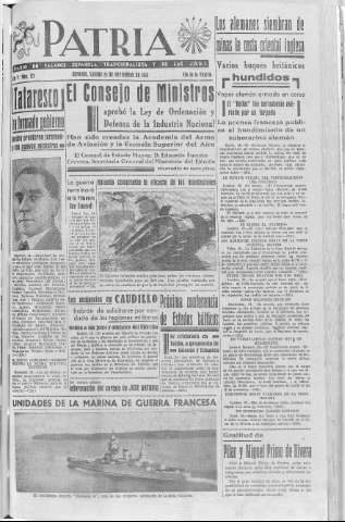 'Patria  : diario de Falange Española Tradicionalista y de las J.O.N.S.' - Año V Número 721  - 1939 Noviembre 25