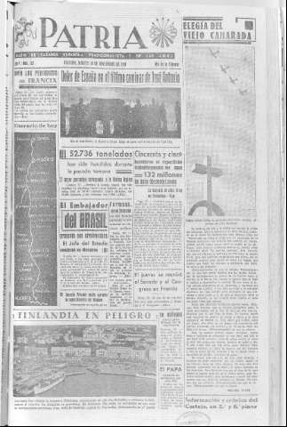 'Patria  : diario de Falange Española Tradicionalista y de las J.O.N.S.' - Año V Número 722  - 1939 Noviembre 28