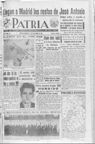'Patria  : diario de Falange Española Tradicionalista y de las J.O.N.S.' - Año V Número 723  - 1939 Noviembre 29