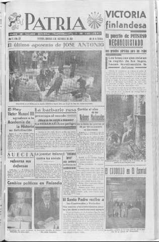 'Patria  : diario de Falange Española Tradicionalista y de las J.O.N.S.' - Año V Número 727  - 1939 Diciembre 03