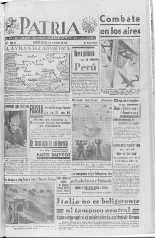 'Patria  : diario de Falange Española Tradicionalista y de las J.O.N.S.' - Año V Número 732  - 1939 Diciembre 09