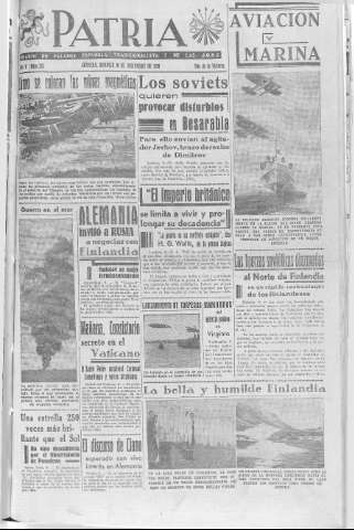 'Patria  : diario de Falange Española Tradicionalista y de las J.O.N.S.' - Año V Número 733  - 1939 Diciembre 10