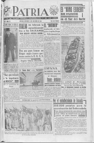 'Patria  : diario de Falange Española Tradicionalista y de las J.O.N.S.' - Año V Número 735  - 1939 Diciembre 13