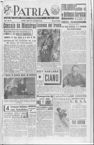 'Patria  : diario de Falange Española Tradicionalista y de las J.O.N.S.' - Año V Número 738  - 1939 Diciembre 16