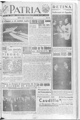 'Patria  : diario de Falange Española Tradicionalista y de las J.O.N.S.' - Año VI Número 858  - 1940 Marzo 02