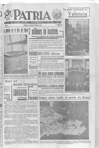 'Patria  : diario de Falange Española Tradicionalista y de las J.O.N.S.' - Año VI Número 902  - 1940 Abril 25