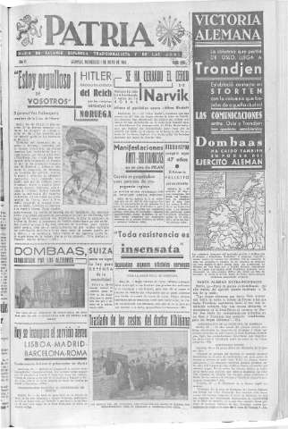 'Patria  : diario de Falange Española Tradicionalista y de las J.O.N.S.' - Año VI Número 906  - 1940 Mayo 01