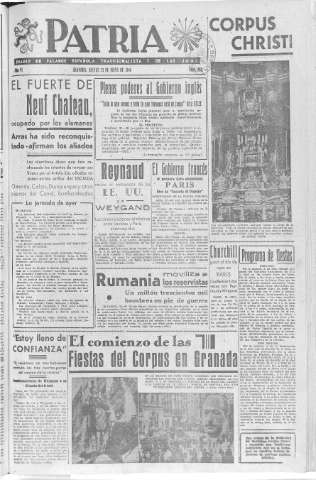 'Patria  : diario de Falange Española Tradicionalista y de las J.O.N.S.' - Año VI Número 925  - 1940 Mayo 23
