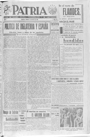 'Patria  : diario de Falange Española Tradicionalista y de las J.O.N.S.' - Año VI Número 931  - 1940 Mayo 31