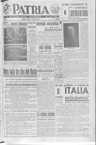 'Patria  : diario de Falange Española Tradicionalista y de las J.O.N.S.' - Año VI Número 934  - 1940 Junio 04
