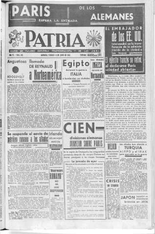 'Patria  : diario de Falange Española Tradicionalista y de las J.O.N.S.' - Año VI Número 943  - 1940 Junio 14