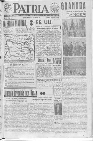 'Patria  : diario de Falange Española Tradicionalista y de las J.O.N.S.' - Año VI Número 945  - 1940 Junio 16