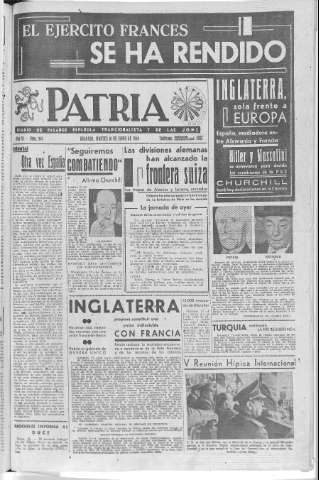 'Patria  : diario de Falange Española Tradicionalista y de las J.O.N.S.' - Año VI Número 946  - 1940 Junio 18