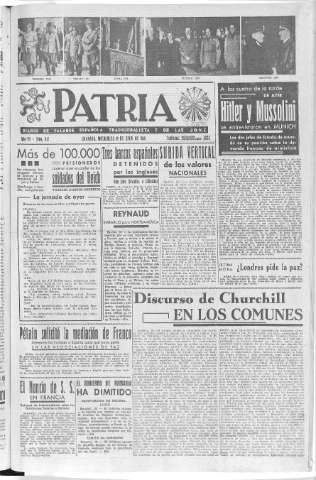 'Patria  : diario de Falange Española Tradicionalista y de las J.O.N.S.' - Año VI Número 947  - 1940 Junio 19
