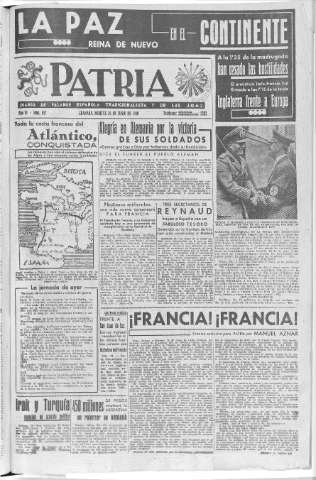 'Patria  : diario de Falange Española Tradicionalista y de las J.O.N.S.' - Año VI Número 952  - 1940 Junio 25